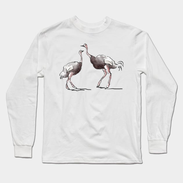 Two Ostriches - Mother and Son Facing Each Other, Ink and Watercolor Sketch Long Sleeve T-Shirt by ibadishi